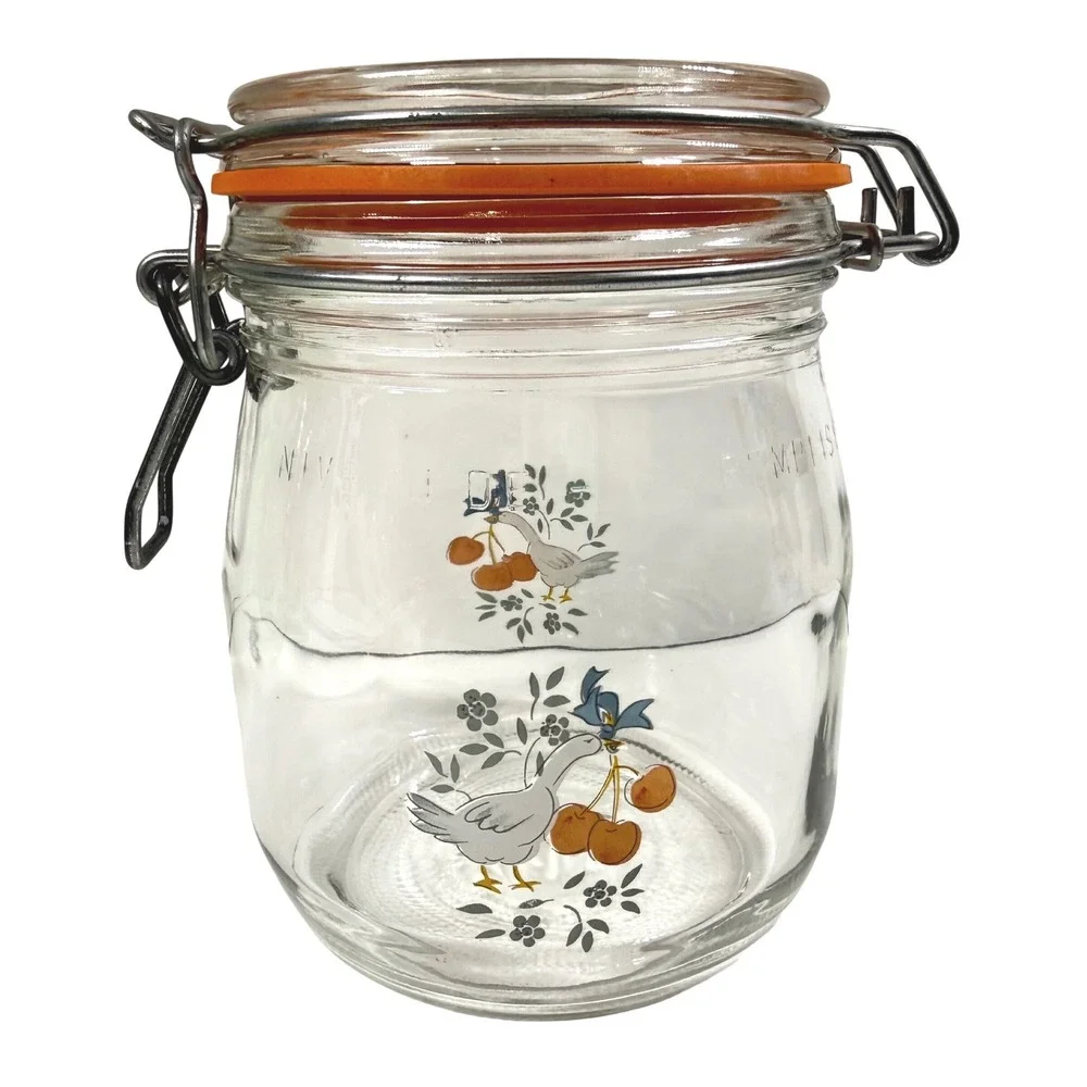 Vintage 80s Arc France GOOSE & CHERRIES Glass Canister 3/4L Wire Bail Jar NICE
